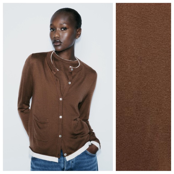 Zara Sweaters - NWT. Zara Brown/Ecru Silk/Wool Blend Contrast Trim Knit Cardigan. Size L.
